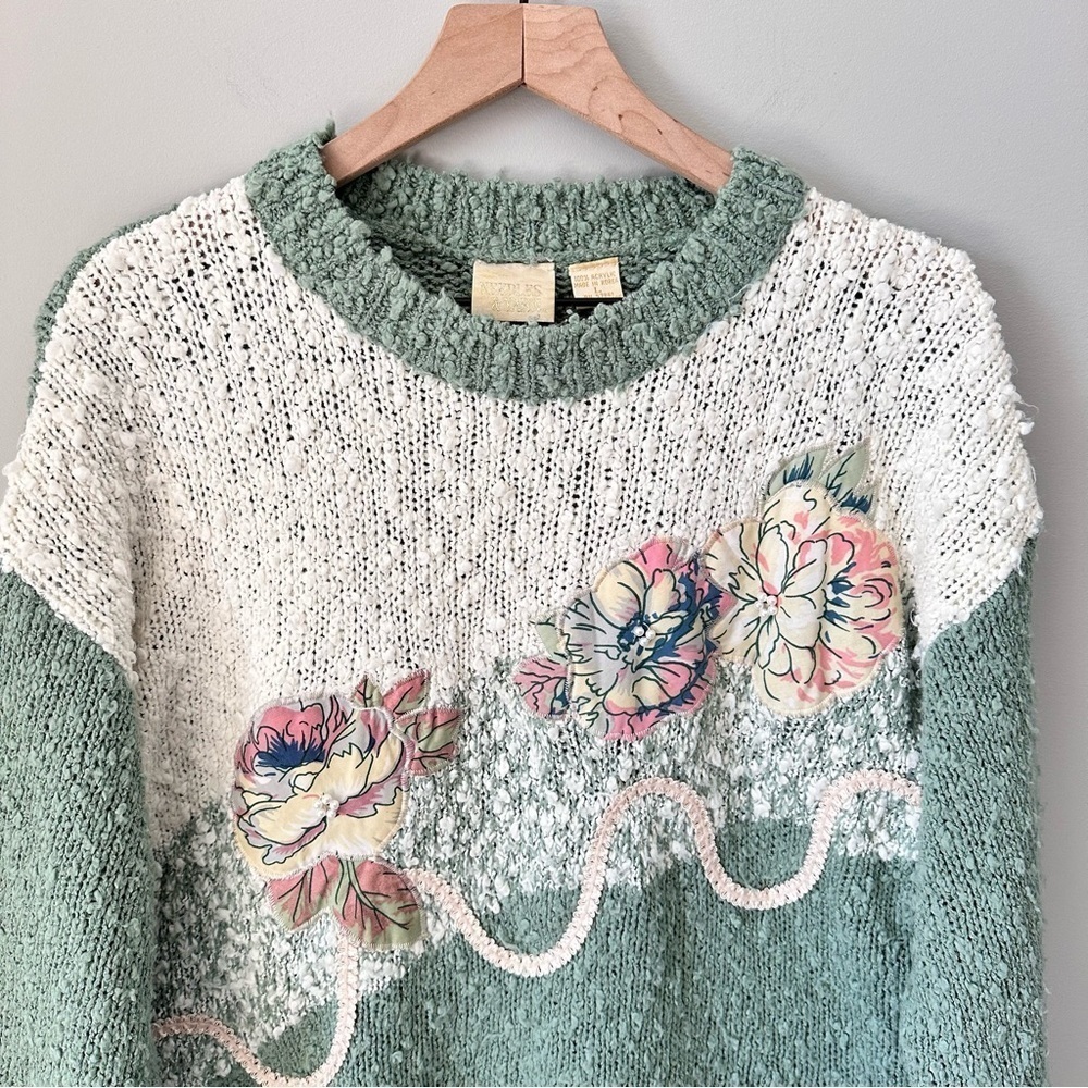 Needles & Yarn Vintage Sweater Large Green Embellished Top Cottage Granny - Picture 2 of 15